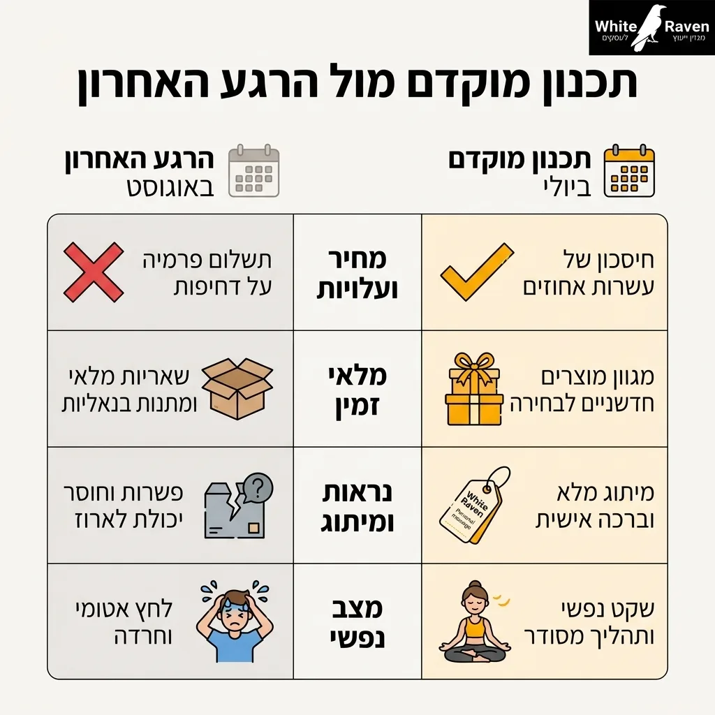 אינפוגרפיקה — תכנון מוקדם מול הרגע האחרון: השוואה בין תכנון מוקדם ביולי, הרגע האחרון באוגוסט