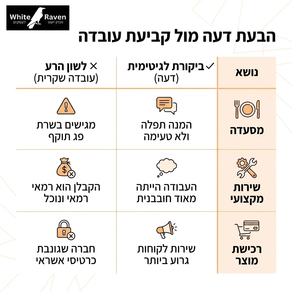 אינפוגרפיקה — הבעת דעה מול קביעת עובדה: השוואה בין ביקורת לגיטימית, לשון הרע
