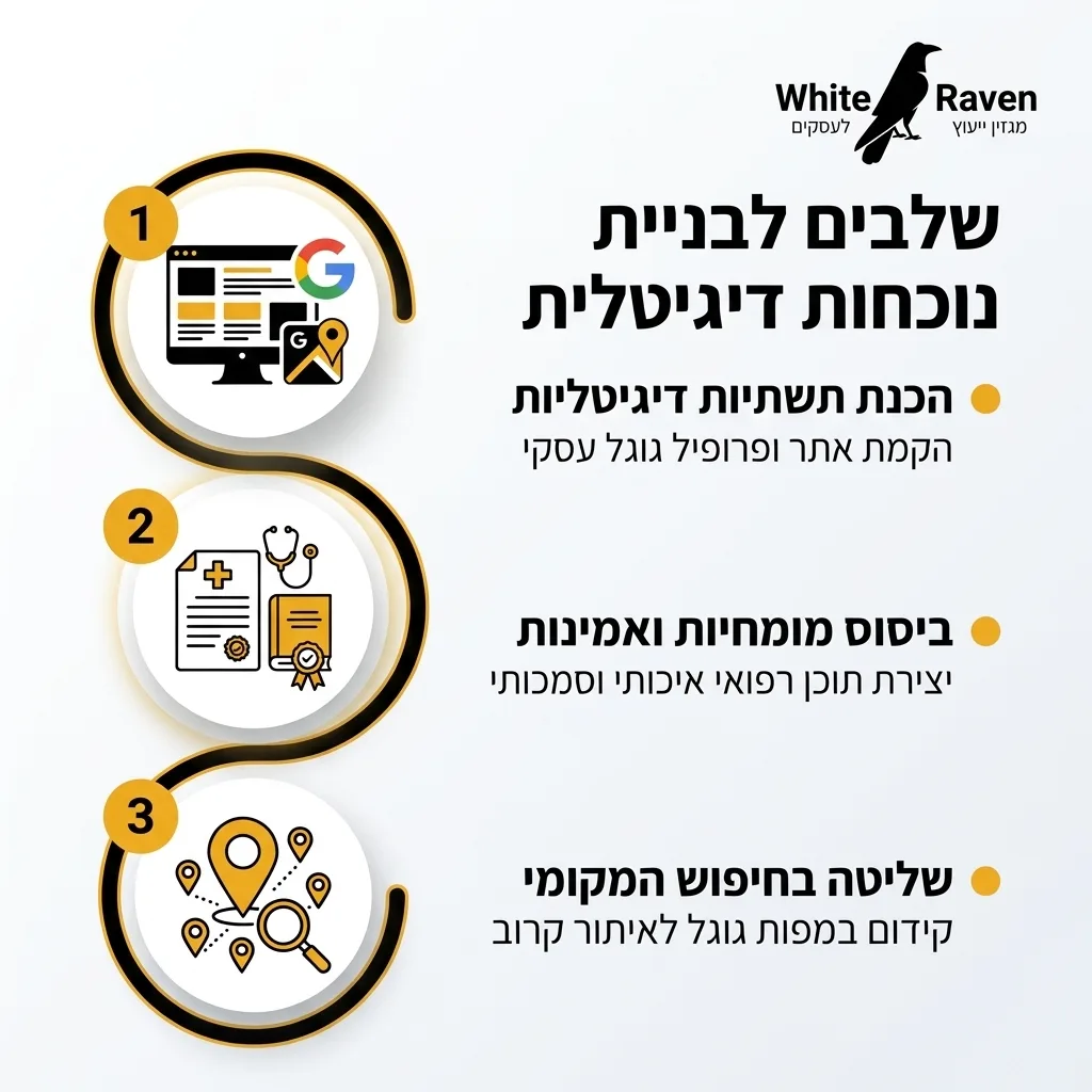 אינפוגרפיקה — שלבים לבניית נוכחות דיגיטלית: הכנת תשתיות דיגיטליות, ביסוס מומחיות ואמינות, שליטה בחיפוש המקומי