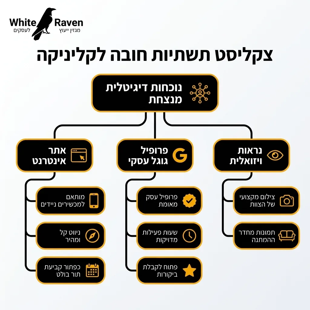 אינפוגרפיקה — צקליסט תשתיות חובה לקליניקה: נוכחות דיגיטלית מנצחת
