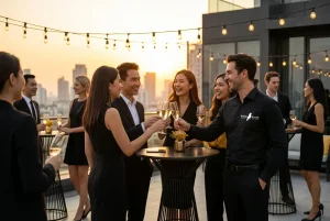 תמונת אווירה של אירוע חברה יוקרתי בחוץ בשעות שקיעה עם תאורת גרילנדות ועובדים חוגגים.